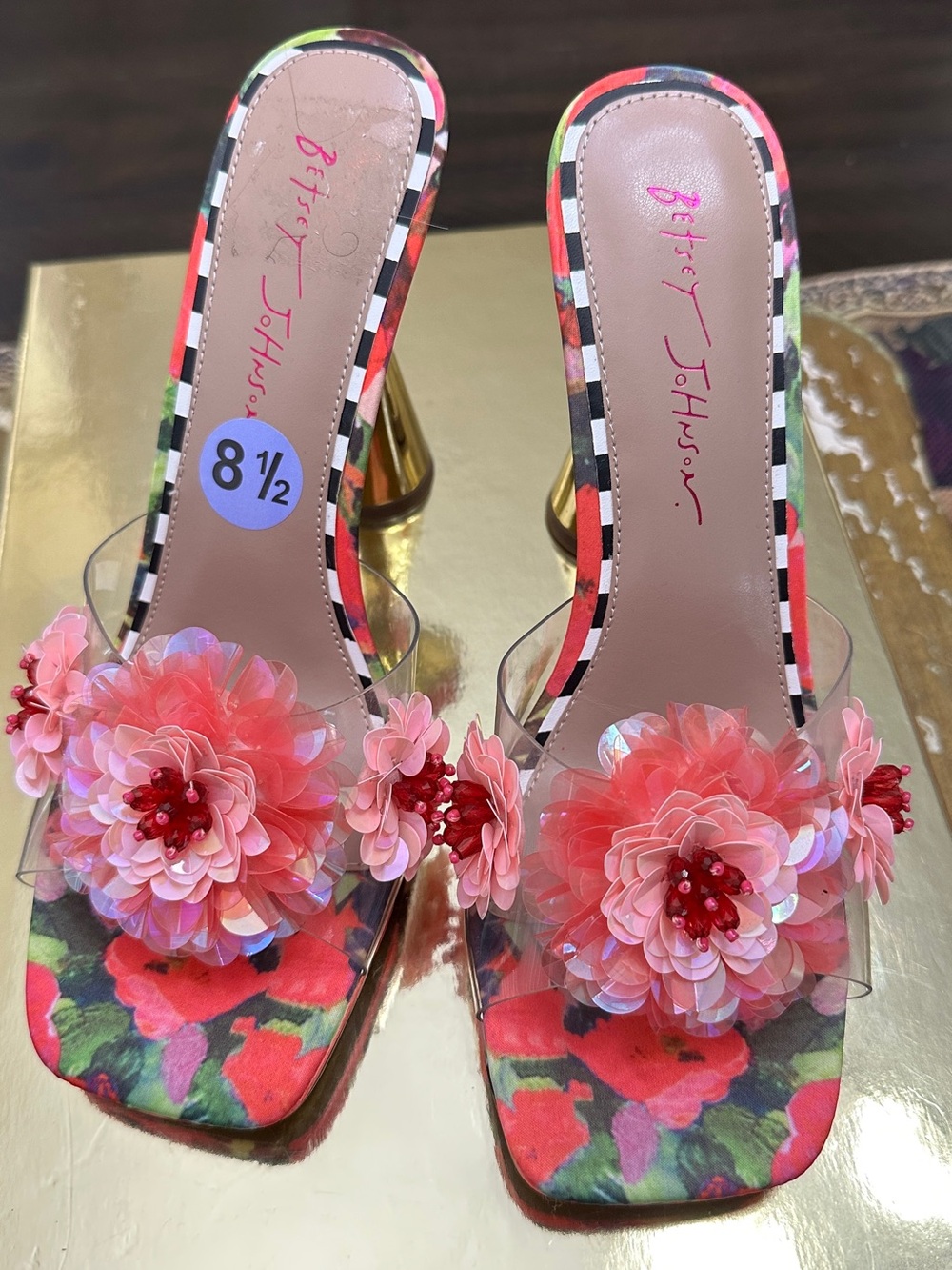 Betsey Johnson Pink Floral Embellished Clear-Strap Heels